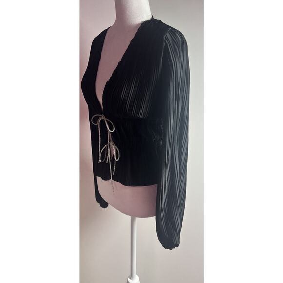 WAYF Payton Tie Front Long Sleeve Blouse Women's Cardigan Rhinestone Black Sz 8 - Picture 7 of 14
